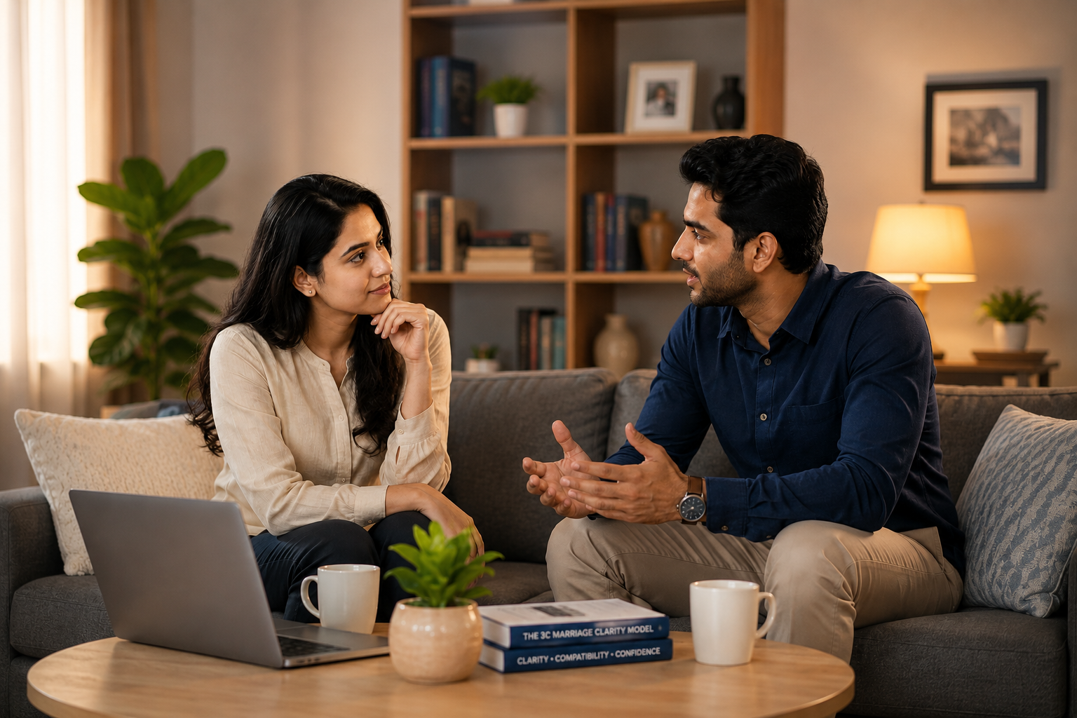An Indian professional woman and man in a calm, thoughtful conversation